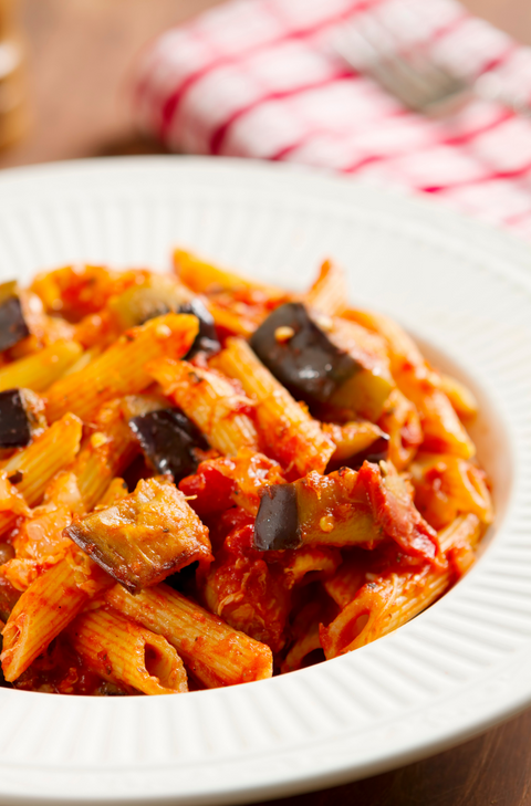Pasta alla Norma – this Sicilian classic brings together pasta, tomatoes, and chunks of roasted eggplant.
